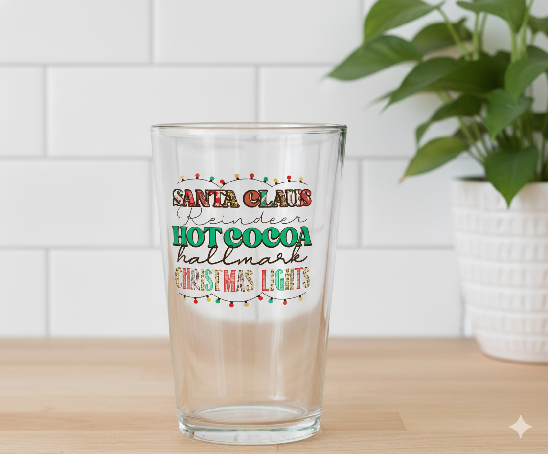 Santa Claus • Reindeer • Hot Cocoa • Hallmark • Christmas Lights Pint Glass