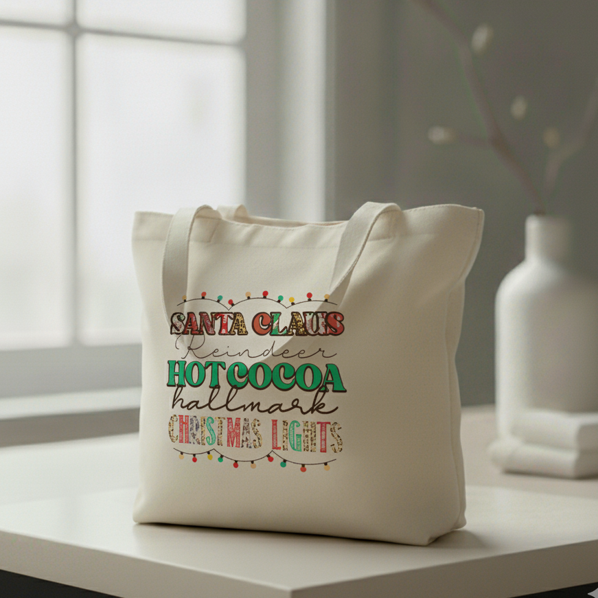 Christmas Movie Lover Tote Bag – Santa, Reindeer, Hot Cocoa &amp; Hallmark Vibes