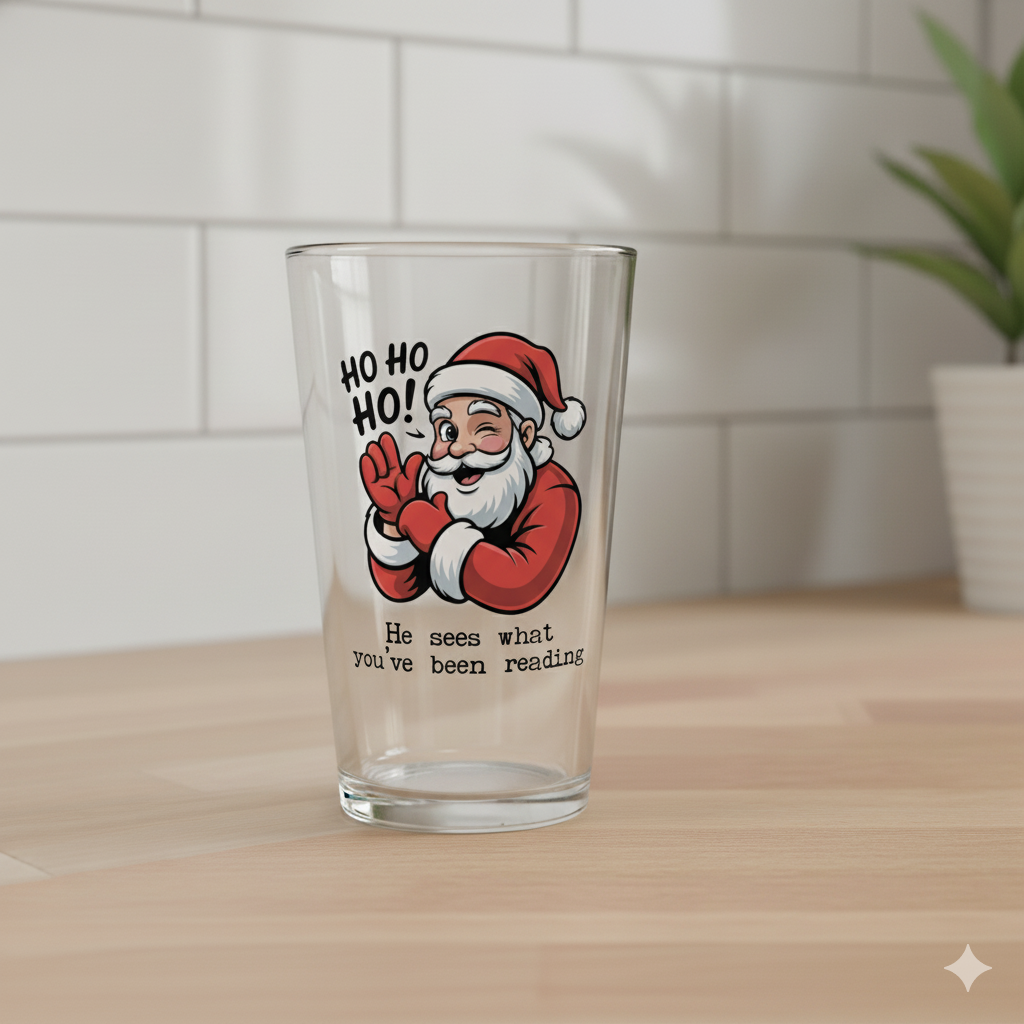 “He Sees What You’ve Been Reading” Santa Pint Glass