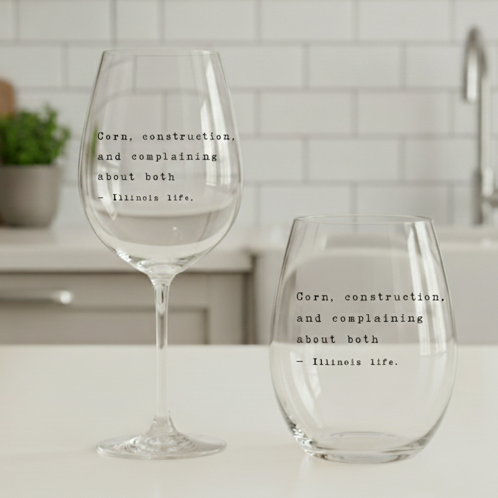 Illinois Life Wine Glass – “Corn, Construction, and Complaining About Both”