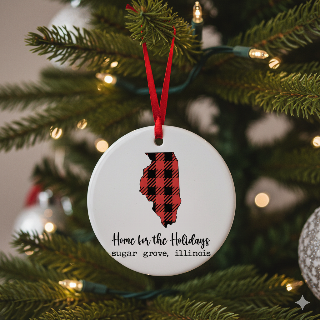 “Home for the Holidays” Buffalo Plaid Illinois Ornament – Custom Town Edition