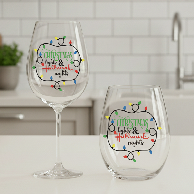 “Christmas Lights & Hallmark Nights” Wine Glass