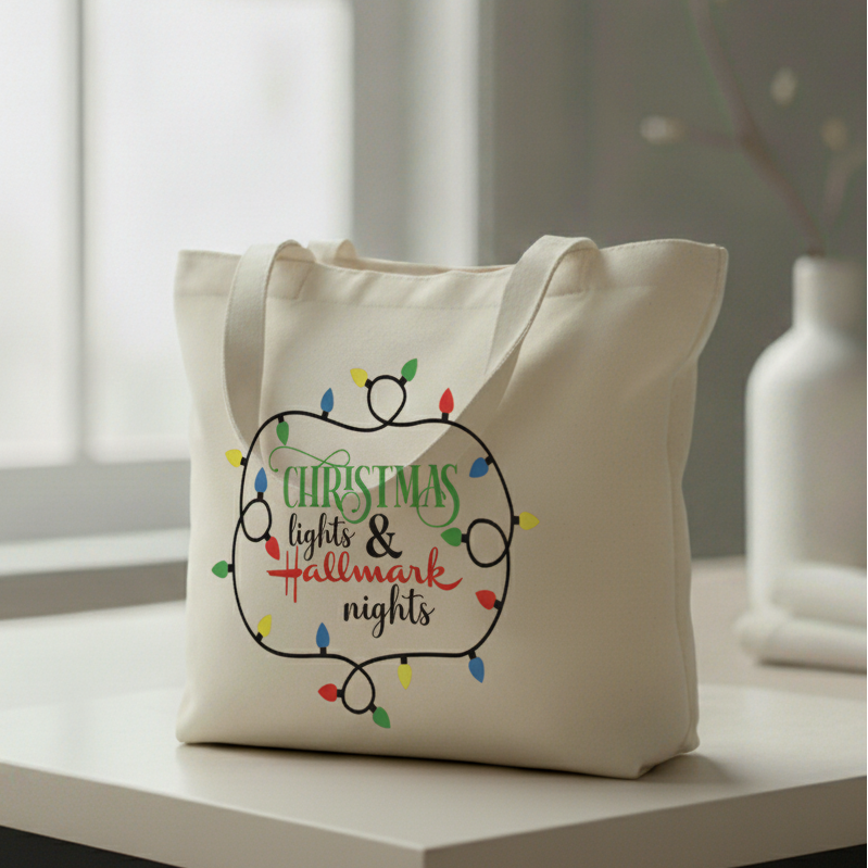 Christmas Lights &amp; Hallmark Nights” Holiday Tote Bag – Cozy Christmas Movie Lover Gift&nbsp;