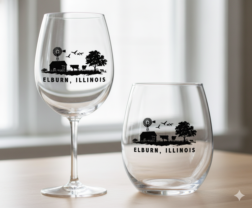 Custom Hometown Wine Glass – Farm Silhouette Design