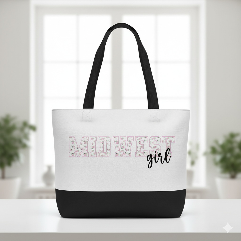 White Floral “MIDWEST GIRL” Canvas Tote Bag