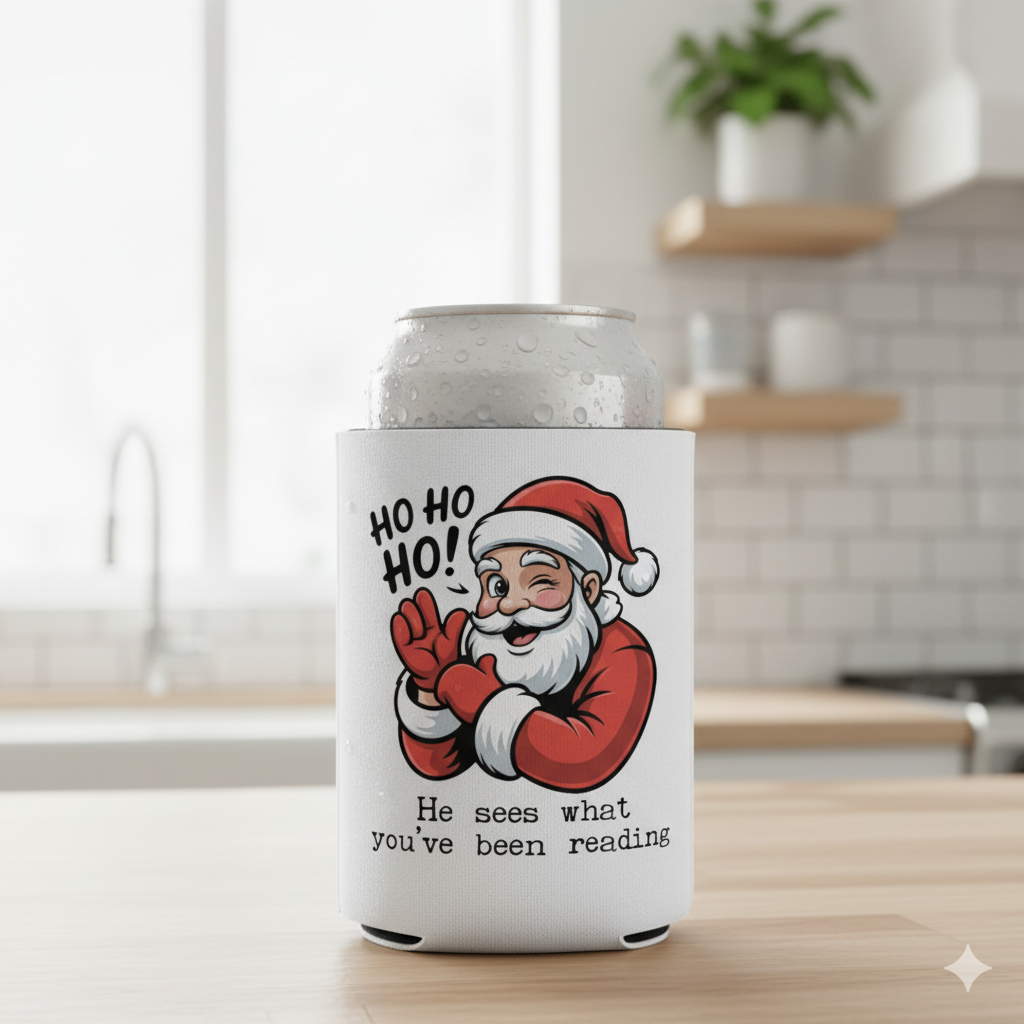 “He Sees What You’ve Been Reading” Santa Can Koozie