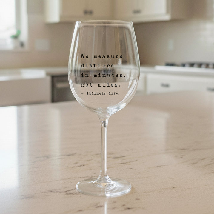 Illinois Life Wine Glass – “We measure distance in minutes, not miles.”