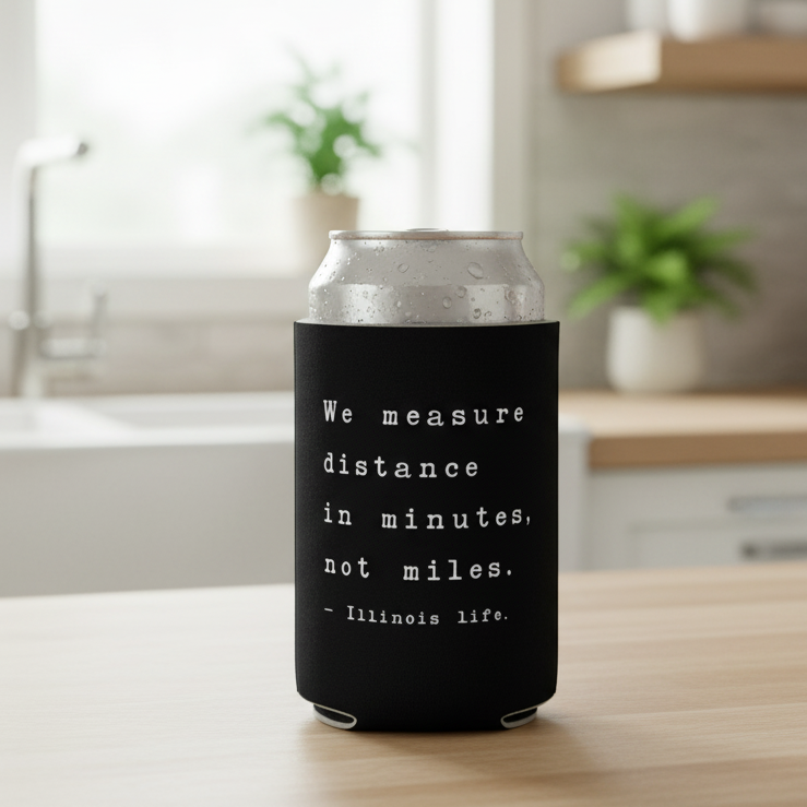 “We Measure Distance in Minutes” - Illinois Life Can Koozie