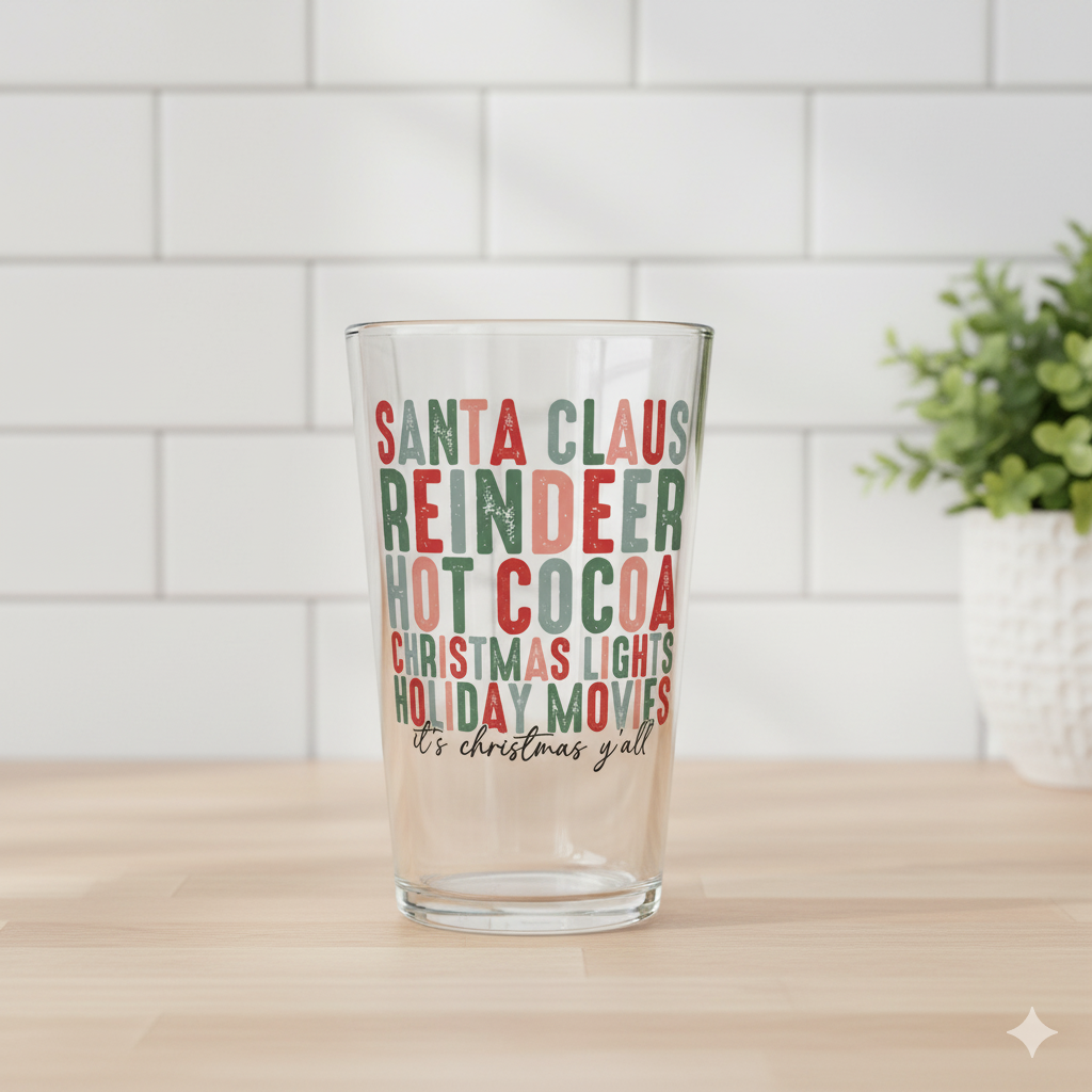 Christmas Favorites Pint Glass – Santa Claus, Reindeer, Hot Cocoa &amp; Holiday Cheer