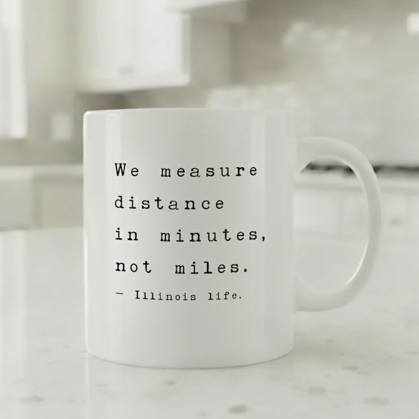 Illinois Life Mug – “We Measure Distance in Minutes, Not Miles.”