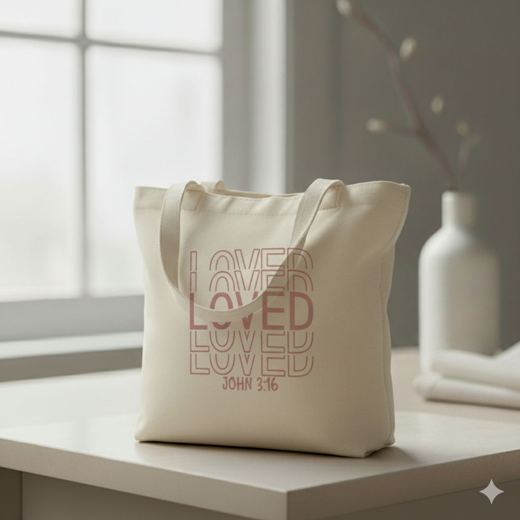 “LOVED – John 3:16” Christian Canvas Tote Bag