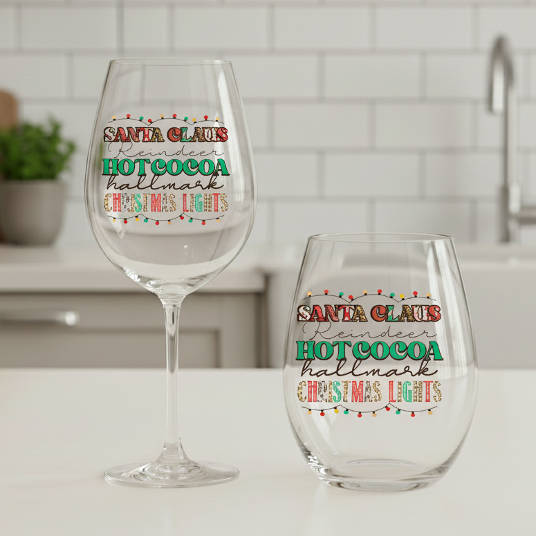 “Santa Claus, Reindeer, Hot Cocoa, Hallmark & Christmas Lights” Holiday Wine Glass