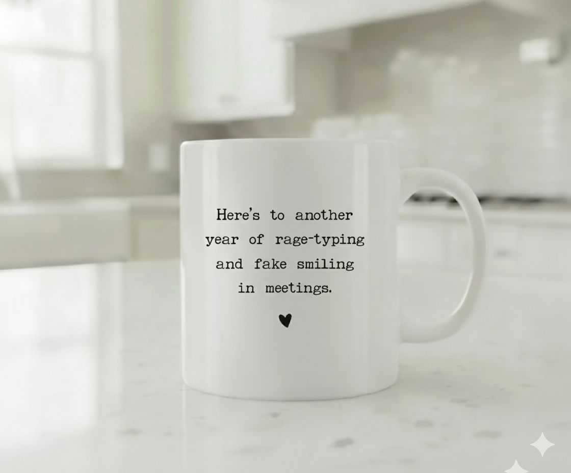 “Here’s to Another Year of Rage-Typing and Fake Smiling in Meetings” Co-Worker Mug