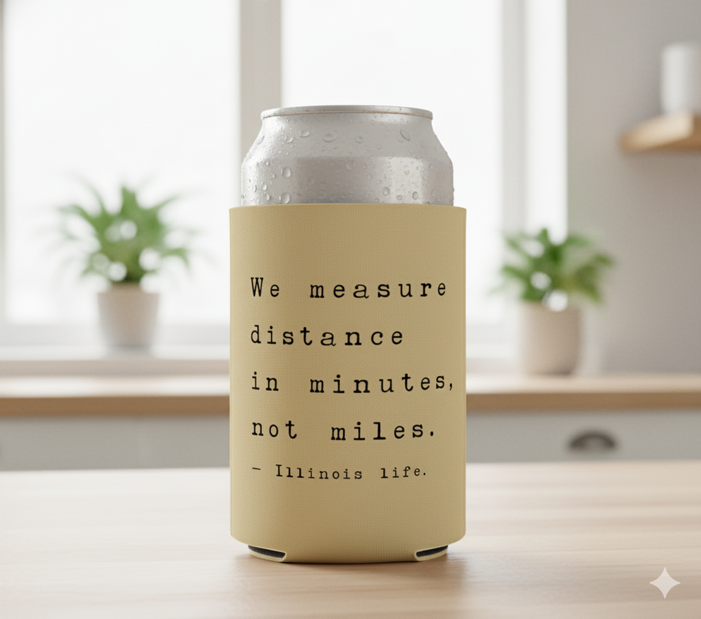 “We Measure Distance in Minutes” - Illinois Life Can Koozie