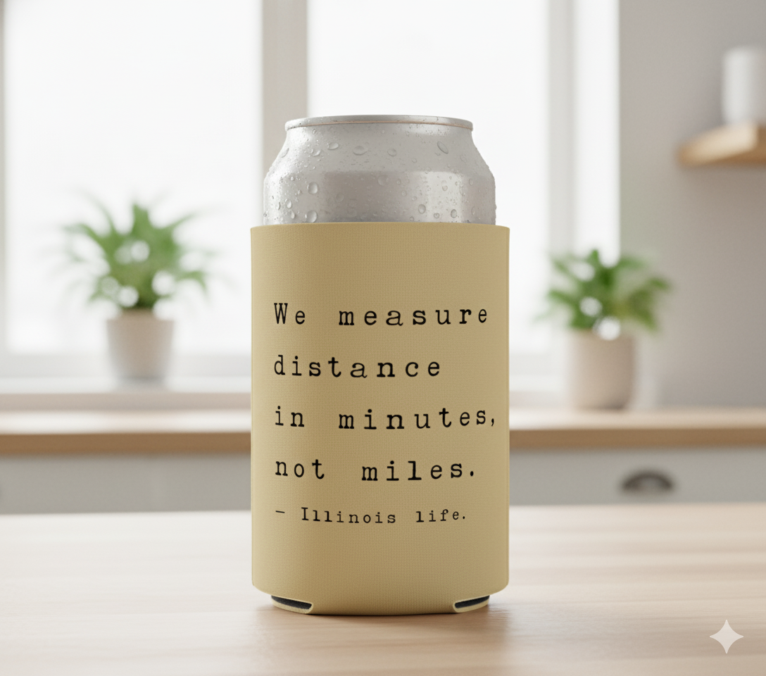 “We Measure Distance in Minutes” - Illinois Life Can Koozie